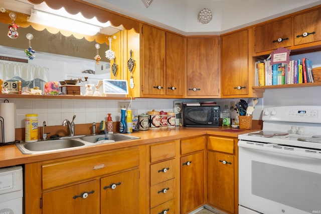 3106 W Brook Dr, Muncie, IN 47304 - kitchen with white electric range oven, black microwave, a sink, open shelves, and decorative backsplash