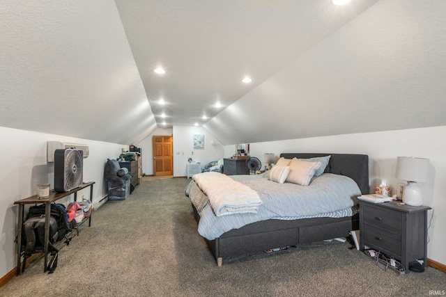 2395 State Road 427th Hwy, Waterloo, IN 46793 - carpeted bedroom featuring vaulted ceiling, baseboards, a baseboard radiator, and recessed lighting