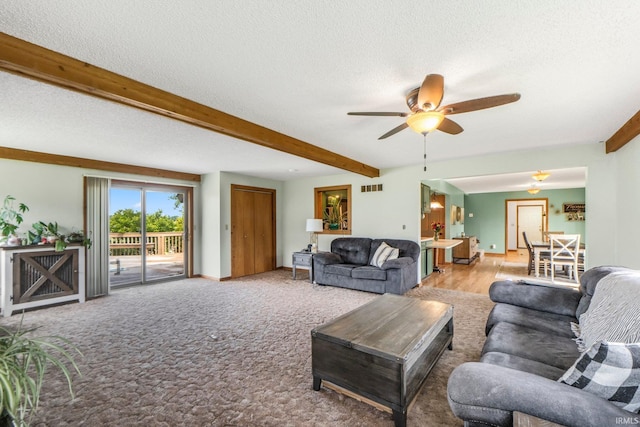 2395 State Road 427th Hwy, Waterloo, IN 46793 - living room with beam ceiling, ceiling fan, a textured ceiling, and baseboards