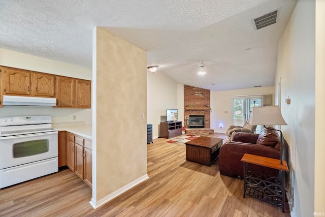511 Westview Cir, West Lafayette, IN 47906 - living room with light wood-style flooring, ceiling fan, a textured ceiling, a fireplace, and lofted ceiling