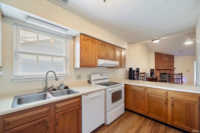 511 Westview Cir, West Lafayette, IN 47906 - kitchen featuring white appliances, a sink, under cabinet range hood, light wood-style floors, and healthy amount of natural light