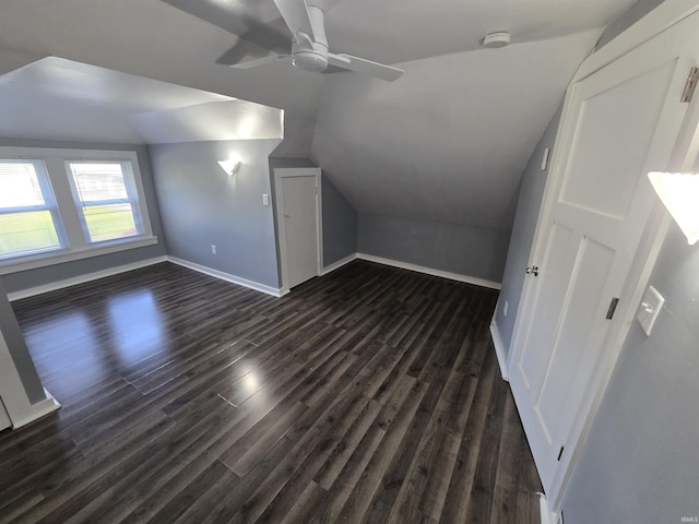 900 S 28th St, Lafayette, IN 47904 - bonus room featuring vaulted ceiling, a ceiling fan, baseboards, and dark wood finished floors