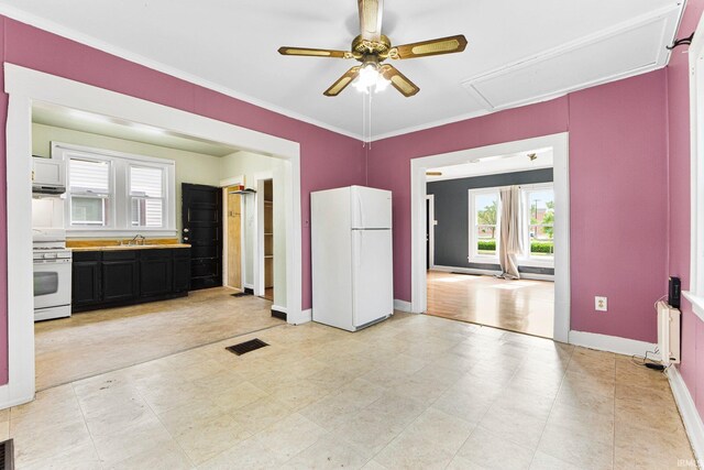 3422 S Calhoun St, Fort Wayne, IN 46807 - kitchen with white appliances, ceiling fan, a sink, plenty of natural light, and crown molding
