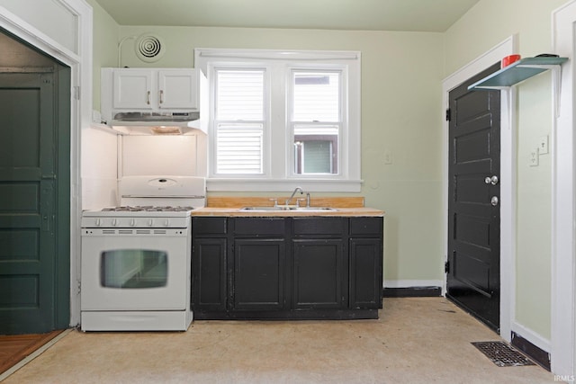 3422 S Calhoun St, Fort Wayne, IN 46807 - kitchen with white range with gas stovetop, a sink, dark cabinets, and wood counters