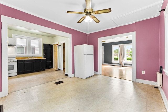 3422 S Calhoun St, Fort Wayne, IN 46807 - kitchen featuring white appliances, ceiling fan, a sink, healthy amount of natural light, and ornamental molding