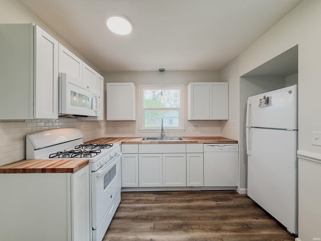 2425 Ojibway Trl, Fort Wayne, IN 46809 - kitchen featuring butcher block countertops, white appliances, a sink, and white cabinetry
