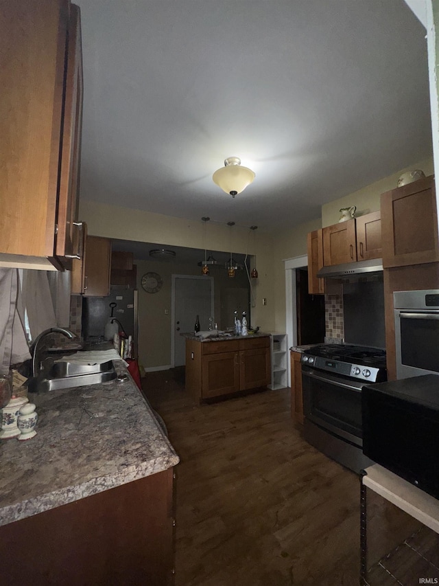 457 E Leith St, Fort Wayne, IN 46806 - kitchen featuring a sink, stainless steel appliances, under cabinet range hood, tasteful backsplash, and dark wood-style floors