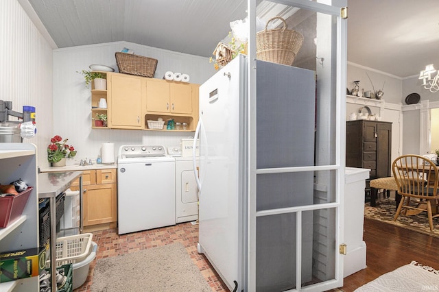 411 S 6th St, Goshen, IN 46526 - kitchen featuring separate washer and dryer, open shelves, ornamental molding, lofted ceiling, and light countertops