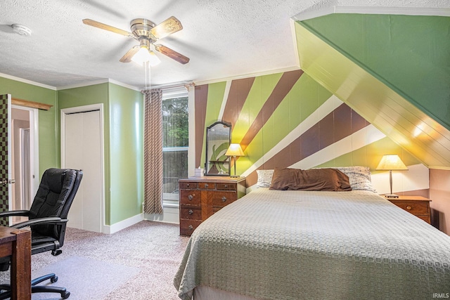 411 S 6th St, Goshen, IN 46526 - carpeted bedroom featuring an office area, a textured ceiling, ornamental molding, ceiling fan, and baseboards
