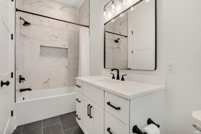 121 Jadis Ct, Fort Wayne, IN 46845 - bathroom with shower / bathtub combination with curtain, vanity, toilet, and tile patterned flooring