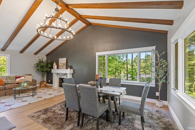633 S Ravencrest Ave, Bloomington, IN 47401 - dining space with healthy amount of natural light, beamed ceiling, wood finished floors, high vaulted ceiling, and a fireplace
