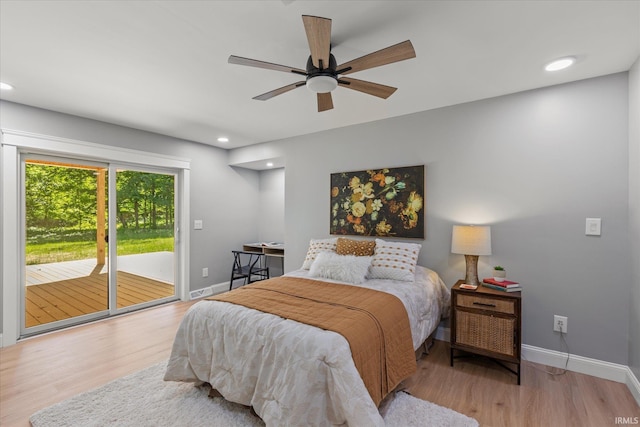 633 S Ravencrest Ave, Bloomington, IN 47401 - bedroom featuring access to outside, wood finished floors, baseboards, recessed lighting, and a ceiling fan