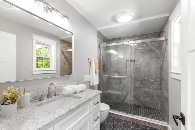 633 S Ravencrest Ave, Bloomington, IN 47401 - full bath with vanity, toilet, a stall shower, and tile patterned floors