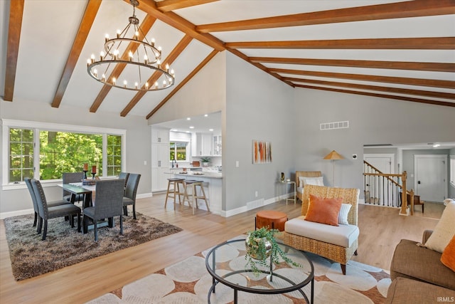 633 S Ravencrest Ave, Bloomington, IN 47401 - living room featuring high vaulted ceiling, beam ceiling, a chandelier, light wood finished floors, and baseboards