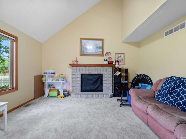 10215 Tidewater Trl, Fort Wayne, IN 46845 - carpeted living room with a brick fireplace, baseboards, and high vaulted ceiling