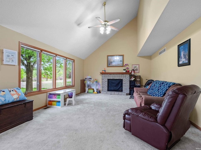10215 Tidewater Trl, Fort Wayne, IN 46845 - carpeted living area featuring a ceiling fan, baseboards, a brick fireplace, and high vaulted ceiling