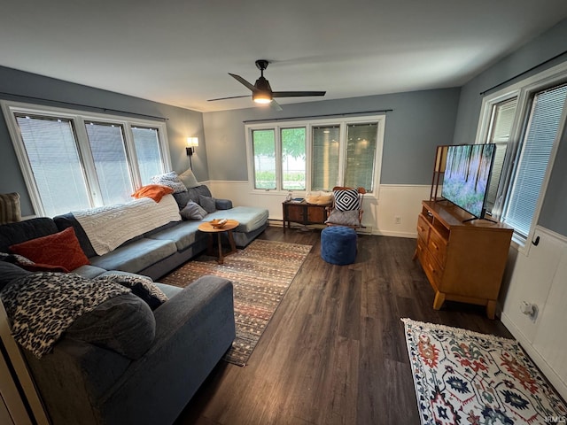 1414 Spear St, Rochester, IN 46975 - living area with a wainscoted wall, dark wood finished floors, and a ceiling fan