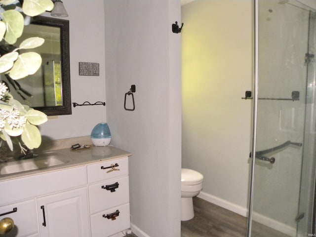 3116 Truesdel Rd, Gosport, IN 47433 - full bathroom featuring a stall shower, vanity, toilet, baseboards, and wood finished floors