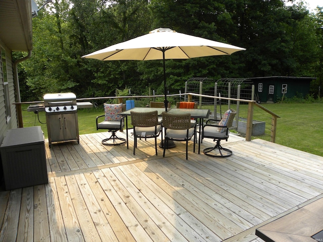 3116 Truesdel Rd, Gosport, IN 47433 - wooden deck with a lawn, outdoor dining space, and view of wooded area