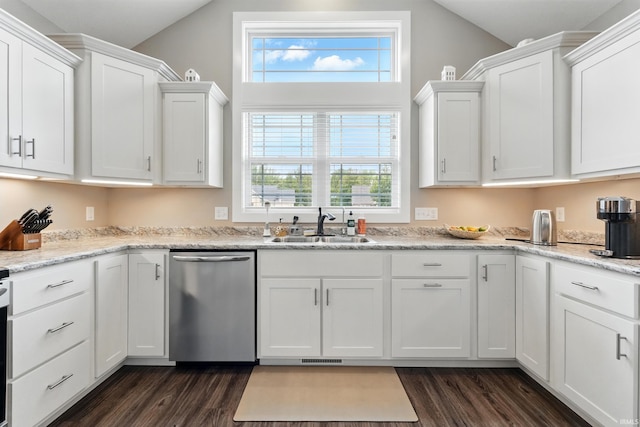 17009 Hamptons Pkwy, New Haven, IN 46774 - kitchen with dishwasher, a sink, dark wood-style flooring, white cabinetry, and healthy amount of natural light