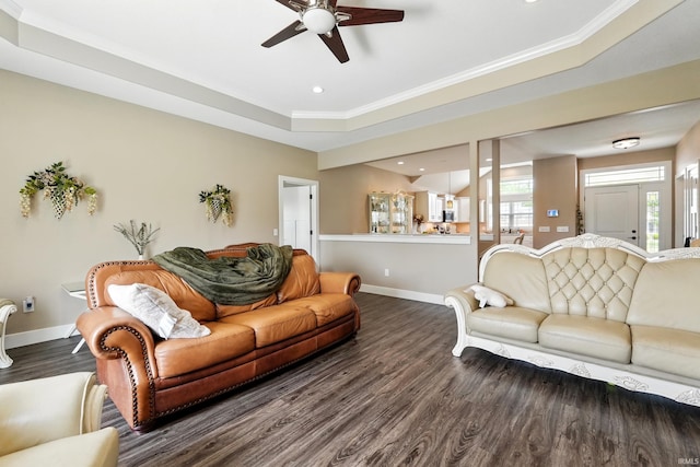 17009 Hamptons Pkwy, New Haven, IN 46774 - living area featuring dark wood-type flooring, ceiling fan, baseboards, crown molding, and recessed lighting