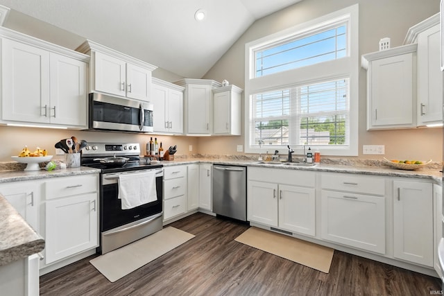 17009 Hamptons Pkwy, New Haven, IN 46774 - kitchen featuring stainless steel appliances, white cabinetry, a sink, dark wood-style floors, and plenty of natural light