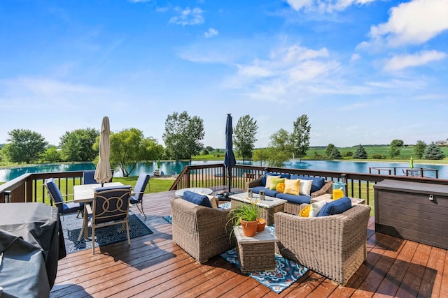6378 N 100 E, Ossian, IN 46777 - wooden terrace with outdoor lounge area, outdoor dining area, a water view, and a yard