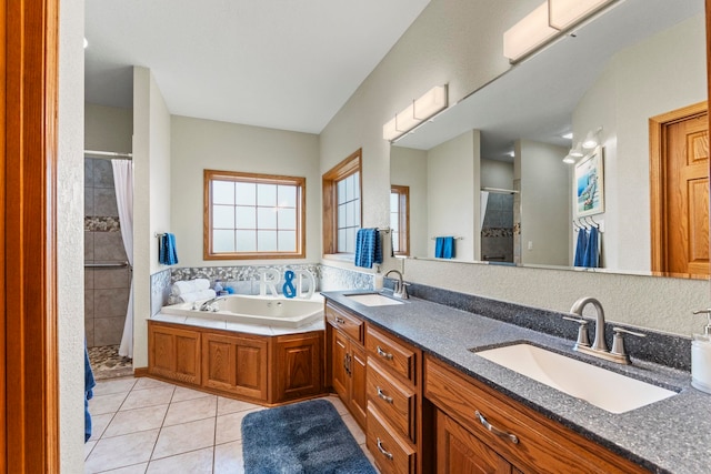 6378 N 100 E, Ossian, IN 46777 - full bathroom featuring a stall shower, double vanity, a bath, and tile patterned floors