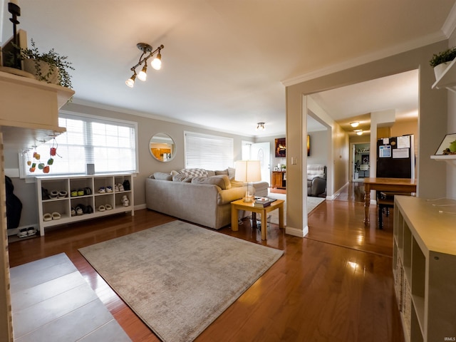 4604 Mayfield Dr, Kokomo, IN 46901 - living area with crown molding, wood finished floors, baseboards, and track lighting