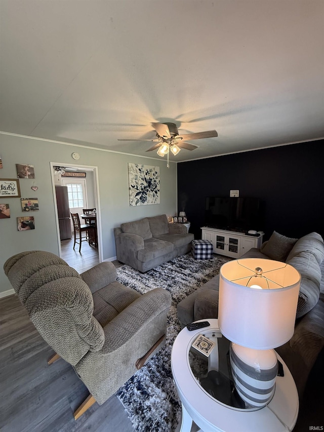 2520 Foxhall Dr, Lafayette, IN 47909 - living room with a ceiling fan, wood finished floors, and baseboards