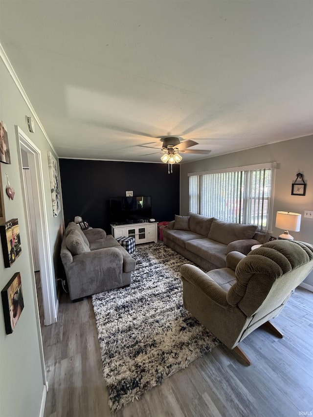 2520 Foxhall Dr, Lafayette, IN 47909 - living room with wood finished floors, a ceiling fan, ornamental molding, and baseboards