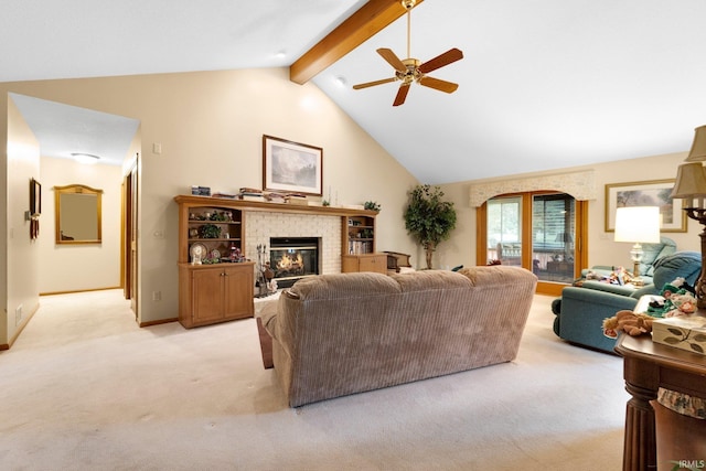 1114 Packard Pl, Auburn, IN 46706 - living room featuring light colored carpet, ceiling fan, a brick fireplace, and baseboards