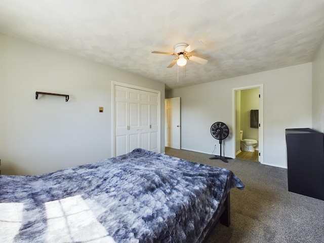 1326 Stag Dr, Fort Wayne, IN 46804 - carpeted bedroom featuring a closet, a ceiling fan, baseboards, and ensuite bathroom