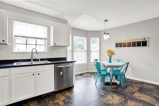 843 S Lantern Ln, Ellettsville, IN 47401 - kitchen featuring stainless steel dishwasher, a sink, dark countertops, baseboards, and backsplash