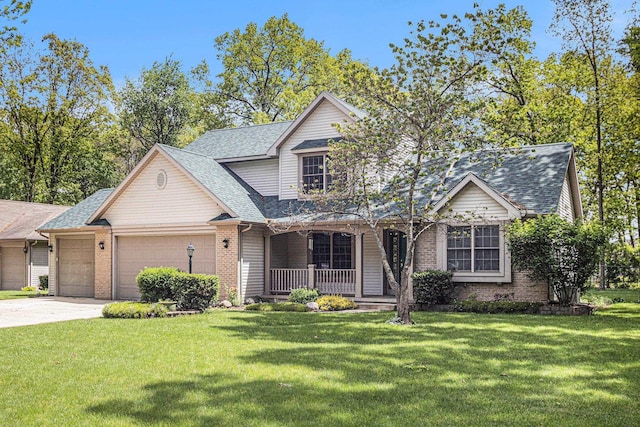 58078 Windsong Dr, Elkhart, IN 46517 - traditional-style home with a porch, a shingled roof, brick siding, an attached garage, and a front lawn