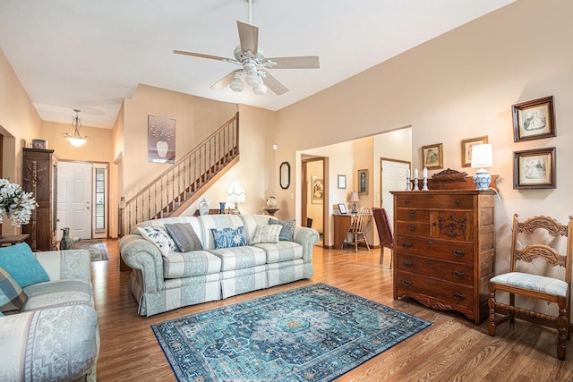 58078 Windsong Dr, Elkhart, IN 46517 - living room with wood finished floors, stairs, and ceiling fan