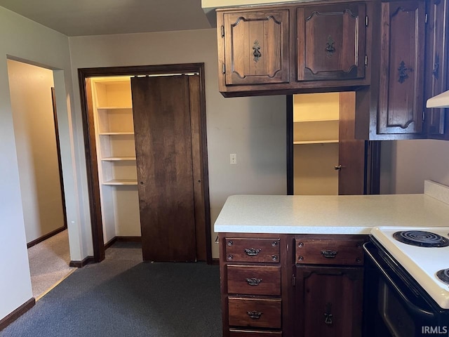 1705 Northview Blvd, Kokomo, IN 46901 - kitchen featuring light countertops, white electric stove, baseboards, carpet, and dark brown cabinetry