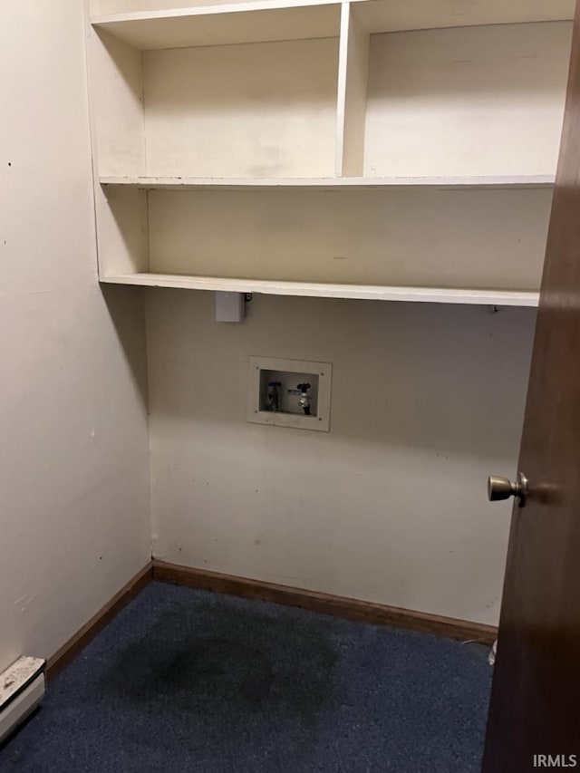 1705 Northview Blvd, Kokomo, IN 46901 - laundry room featuring hookup for a washing machine, a baseboard heating unit, dark colored carpet, and baseboards