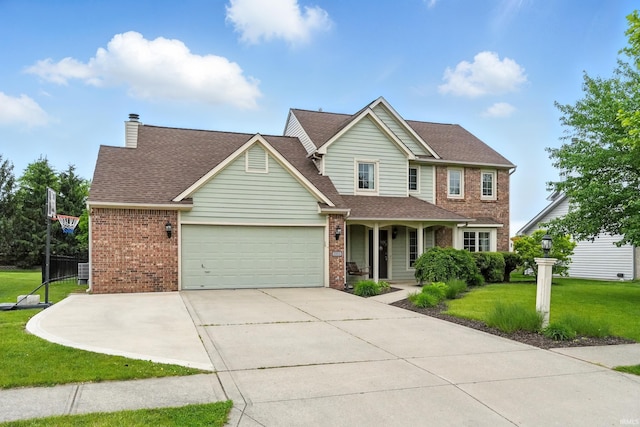 2906 Easton Ridge Pl, Fort Wayne, IN 46818 - traditional-style house featuring brick siding, a front lawn, driveway, a garage, and a porch