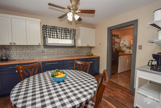 1816 W 13th St, Muncie, IN 47302 - kitchen featuring wood counters, freestanding refrigerator, dark wood finished floors, and ceiling fan
