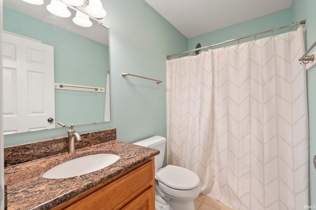 3564 Westport Dr, New Haven, IN 46774 - bathroom featuring toilet, vanity, curtained shower, and tile patterned floors