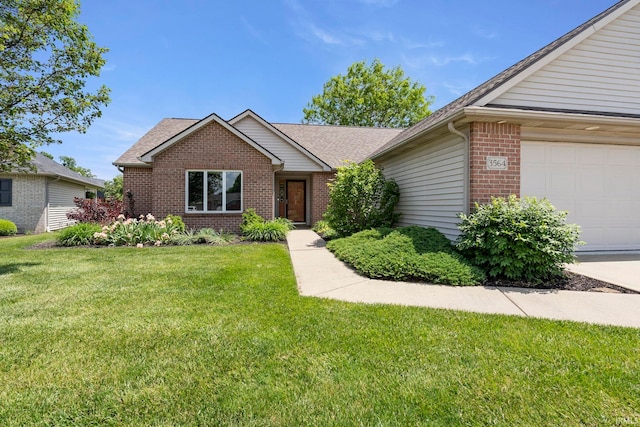 3564 Westport Dr, New Haven, IN 46774 - ranch-style home with brick siding, a front yard, a garage, and roof with shingles