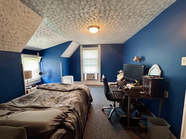 27 N Edwards St, Worthington, IN 47471 - bedroom featuring cooling unit, carpet floors, a textured ceiling, an office area, and vaulted ceiling
