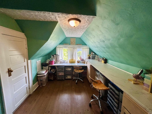 27 N Edwards St, Worthington, IN 47471 - home office featuring dark wood-type flooring, lofted ceiling, and a textured ceiling