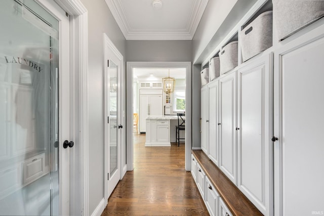 11070 Birch Lake Dr, Granger, IN 46530 - hallway featuring dark wood-style floors and crown molding