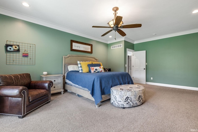 11070 Birch Lake Dr, Granger, IN 46530 - carpeted bedroom with crown molding, recessed lighting, baseboards, and a ceiling fan