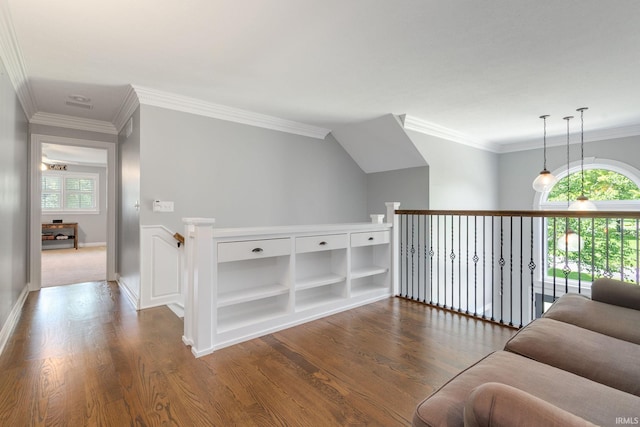 11070 Birch Lake Dr, Granger, IN 46530 - corridor featuring wood finished floors, crown molding, an upstairs landing, and baseboards