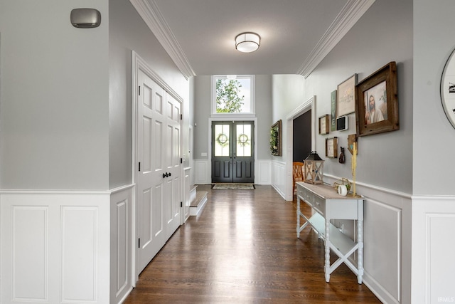 11070 Birch Lake Dr, Granger, IN 46530 - entryway featuring a decorative wall, dark wood finished floors, ornamental molding, and a wainscoted wall