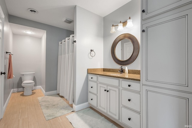 11070 Birch Lake Dr, Granger, IN 46530 - full bathroom with vanity, wood finished floors, toilet, baseboards, and a shower with curtain
