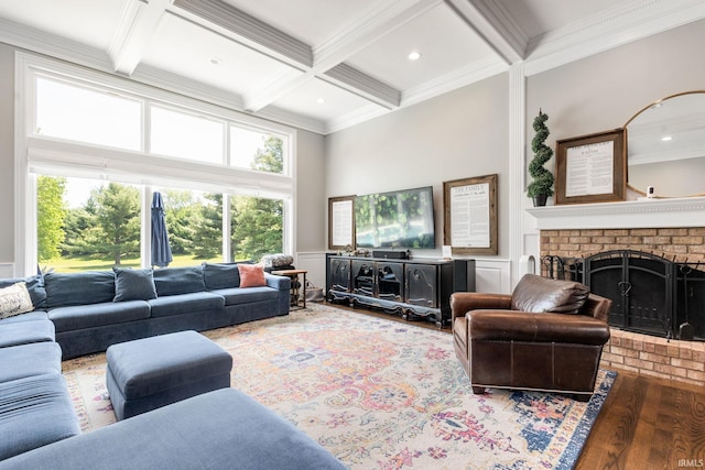11070 Birch Lake Dr, Granger, IN 46530 - living room with crown molding, beam ceiling, coffered ceiling, wood finished floors, and a brick fireplace